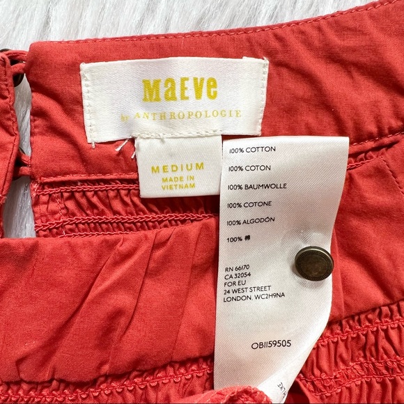 SOLD-Anthropologie Smocked Embroidered Coral Red Peasant Blouse - Picture 8 of 9